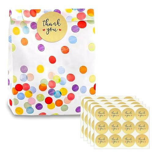 AMFUN 50 Pezzi Sacchettini Compleanno Bambini, Bustine Regalini Fine Festa Bambini, Sacchetti di Carta Resistente all'Olio con 60 Adesivis per Matrimoni, Natale, Feste, 19 * 13cm