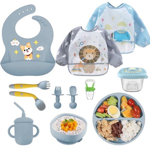 Set Pappa Svezzamento Bambini Silicone, 10Pezzi Svezzamento Set, Silicone Piatto con Ventosa Ciotola Cucchiaio Forchetta Bavaglino, bavaglini pappa svezzamento, Set Pappa Svezzamento