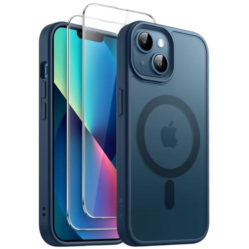 JETech 3 in 1 Cover Magnetica per iPhone 13 6,1 Pollici con Pacco da 2 Vetro Temperato Pellicola Protettiva, Compatibile con MagSafe, Traslucida Opaca Retro Custodia (Blu Tempesta)