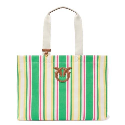Pinko Borsa Shopper a Righe, Tela di Cotone, 42 x 32 x 21 cm, Giallo/Fucsia/Verde