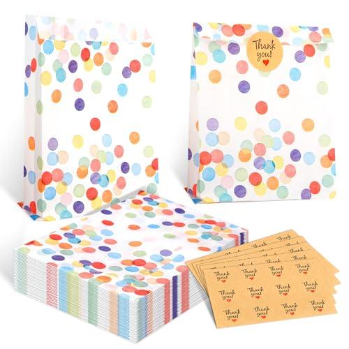 Lanovuto 50 Pezzi Sacchettini Compleanno Bambini con 60 Adesivi, Bustine Regalini Fine Festa Bambini a Pois Colorati, Sacchetti Regalo di Carta per Feste, Matrimoni