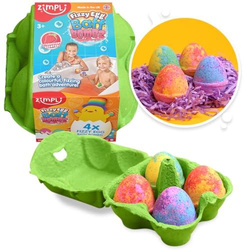 Zimpli Kids 4 x Uova frizzanti Baff Bombz Set regalo, alternativa ideale ai dolcetti di Pasqua, bombe da bagno frizzanti per bambini, colorate, bombe da bagno frizzanti, giocattolo da bagno