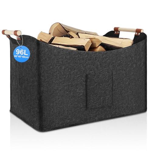 Cestino pieghevole per legna da ardere, 96 l, in feltro extra spesso, per legna da ardere, manico rinforzato, per shopping, legno, giornali o legna da ardere (grigio scuro)