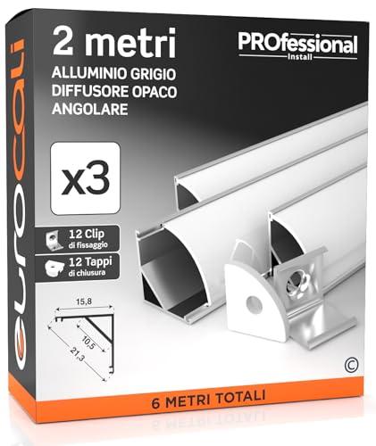 3x Profili Angolari da 2 metri (6mt) in Alluminio per Strisce LED Schermatura Opaca Angolo 45° ingombro max striscia led 10.5mm - 15.8 x 15.8