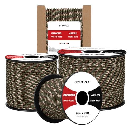 Brotree Paracord 3mm 30M Corda 100% Nylon Tipo II 3 Fili Corda Paracord 425 per Esterno, Artigianato, Fatto a Mano - 192 kg Carico di Rottura (Foresta Camo)