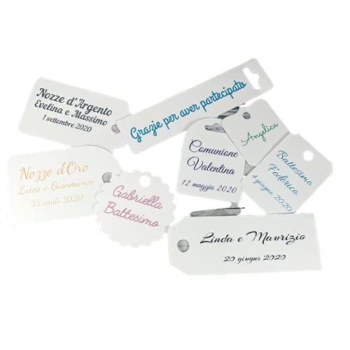 20 cartellini tag bigliettini personalizzati stampati 8 forme carattere colore carattere colore cartoncino a scelta per bomboniere cerimonie battesimo cresima comunione matrimonio nozze compleanno