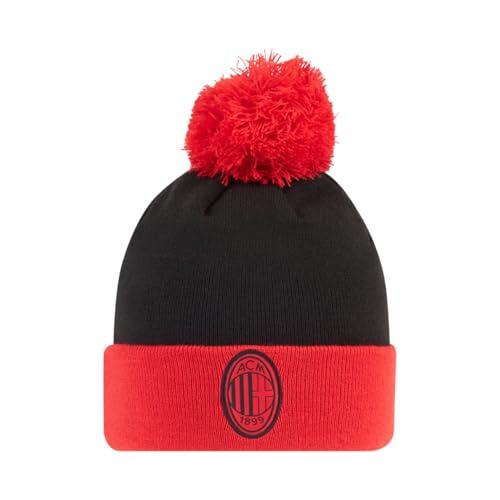 AC Milan Berretto Invernale, Berretto Caldo con Logo Ufficiale, Uomo o Donna, Unisex, Nero/Rosso (Pom Pom)