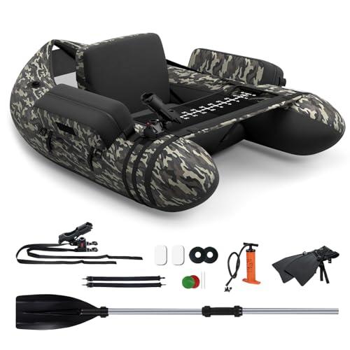COSTWAY Belly Boat da Pesca Portatile, Gommone Gonfiabile da Pesca con Porta Canne Regolabile, Pompa, Pagaia in Alluminio, Spallacci e Kit di Riparazione, Barca da Mare con 2 Pinne, capacità 160kg