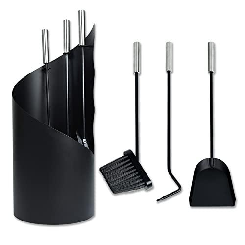 Froadp 4 pezzi Attrezzi per Camino in Acciaio Inossidabile Strumenti per Caminetti include Spazzole, Ganci, Paletta e Supporto Stufa a Legna Set di Utensili Caminetto per Cucina Casa (Nero)