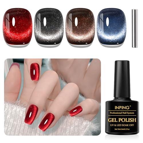 INPING Smalto Semipermanente Unghie Magnetico, 4 Colori Rosso Nero Marrone Blu Smalto Unghie Jelly Glitter Cat Eye Smalti Semipermanenti per Unghie Nail Polish UV LED Gel Unghie, 8 ML