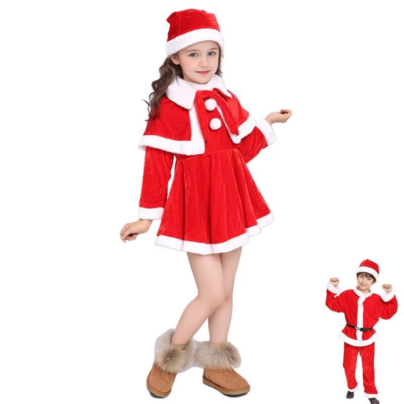 PILUZEAT Costume da Babbo Natale per Bambini Bambino Bambina Rosso Vestito para Gioco di Capodanno Carnevale di Cosplay Mascherata Carnevale Festa a Tema per Famiglie 100-160 CM