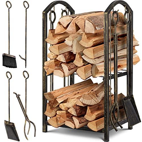 KESSER® Set Scaffale per camino 5 pezzi, scaffale a 2 piani per legna da ardere, uso in interni ed esterni, in metallo, con 4 utensili per il camino e il forno, acciaio 40 x 30 x 74,5cm