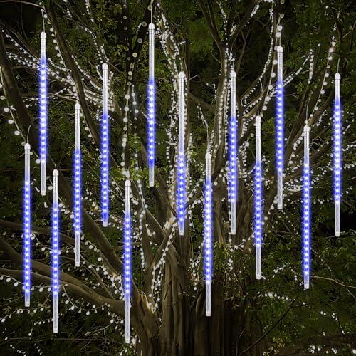 Vikdio Luci di Natale all'aperto, Pioggia di Meteoriti Luminosi 16 Tubi Spiralati (50cm 864 LEDs) Lunghezza di 5,25m, Luci ghiacciolo impermeabili per Decorazioni natalizie all'aperto, Blu