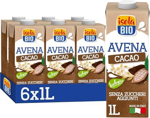 ISOLA BIO Bevanda Biologica a Base di Avena con Cacao, Ingredienti Naturali, Basso Contenuto di Grassi, Senza Zuccheri Aggiunti, per Intolleranti al Lattosio, Vegetariani e Vegani, 6 Confezioni da 1 L