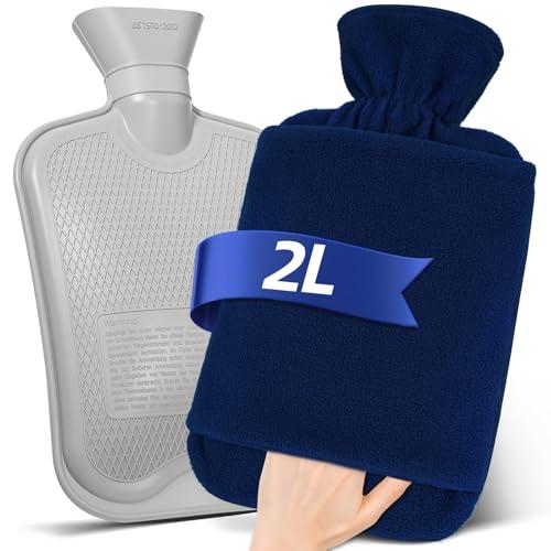 MUPAS Borse Acqua Calda Con Copertura In Pile- 2L Borsa Dell'acqua Calda- Borsa Del Acqua Calda Con Tasca A Marsupio+ Gomma Naturale- Adatta Per Caldi E Freddi Sulla Schiena, Collo E Spalle (Blu Navy)