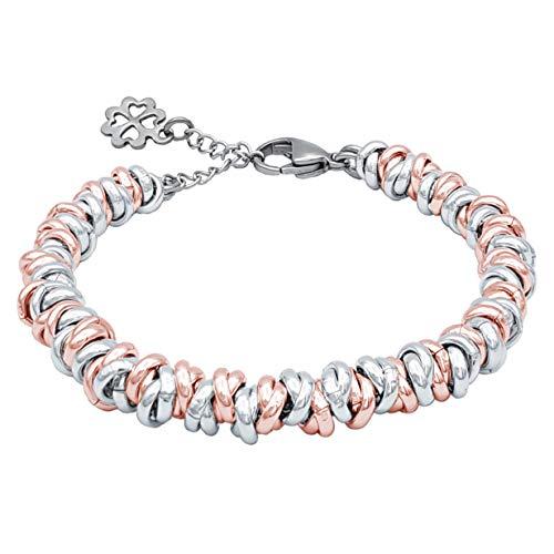 ParticolarModa Bracciale regolabile pendente charm quadrifoglio portafortuna nodini intrecciato 6 mm (Regolabile da 16 a 19 cm (x polso 13-15), Argentato/Rosa)