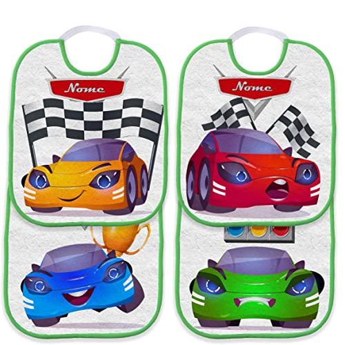 Set Asilo 4 Bavetta Bavaglino con elastico personalizzato con nome del bambino (Cars Macchinine divertenti gara Bordo Verde)