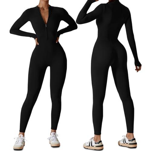 HOMDECR Tuta Intera Donna Sportiva Maniche Lunghe Jumpsuit Aderente Sexy Cerniera Completo per Yoga Palestra Abbigliamento Zip Costine Tutina Sportivo (S,Nero)