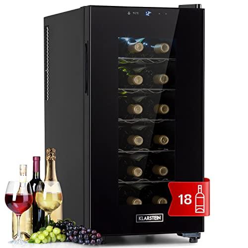 KLARSTEIN Cantinetta Vino Refrigerata a Zona Singola per Interno/Esterni, Cantina con Vetrina, Mini Bar con Protezione UV, Frigo Vino Touch, 11-18°C, 18 Bottiglie
