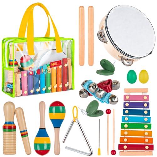 Stoie's Set di giocattoli musicali per bambini dai 3 anni in su in legno, per ragazzi e ragazze, con xilofono, maracas, tamburo