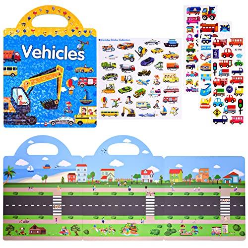 ASTARON Libro di Adesivi 3D Riutilizzabili per Bambini, 88 Simpatici Adesivi Impermeabili per Veicoli, Adesivi da Viaggio e Giocattolo Educativo Sensoriale (2-6 Anni)