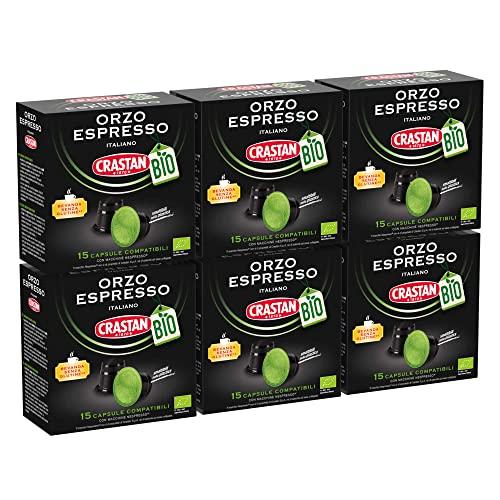 CRASTAN 1870 - Capsule compatibili Nespresso - Orzo Biologico - 6 Box da 15 Capsule - Totale 90 Capsule - Naturalmente Privo di Caffeina - 100% Made in Italy
