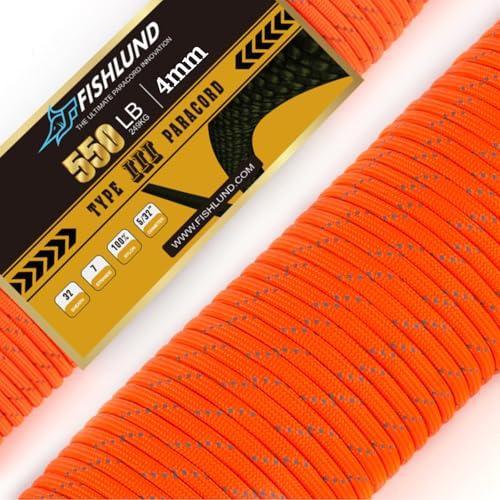 FISHLUND Paracord riflettente da 550 libbre, corda Paracord tipo III a 7 fili da 50 piedi e 4 mm, corda da paracadute in nylon per campeggio, Arancione neon