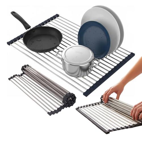 Avilia - Scolapiatti da Lavello Arrotolabile in Acciaio Inox 43x35 cm Resistente al Calore, Facile da Pulire, Ideale come Griglia Scolapiatti e Piano d’Appoggio Salvaspazio