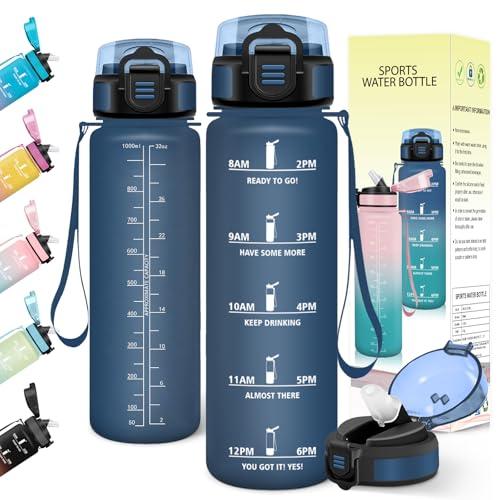 Baramumu Borraccia 1 litro, con Cannuccia, Borraccia Palestra, a Prova di Perdite, Bottiglia acqua, Facile da Aprire, Borracce, per Palestra, Trekking, Fitness, Yoga, Ufficio, Blu Scuro