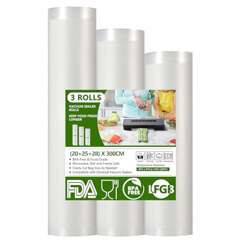 Diboniur Sacchetti Sottovuoto Alimenti, 3 Rotoli Buste Sottovuoto Alimenti 28/25/20x300 cm, Rotolo Sottovuoto Alimenti Goffrati Riutilizzabile, Adatto a Tutte le Macchine Sottovuoto
