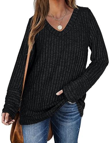 DUOEASE Felpa Nera Donna Scollo a V Elegante Leggeri Maglione Donna Maniche Lunghe Top Donna Autunno e Inverno Nero-XL