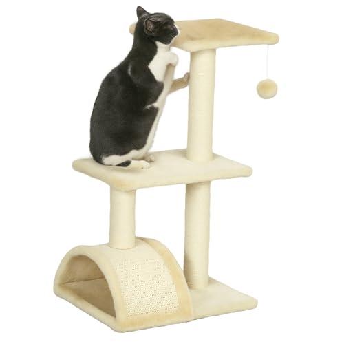 PawHut Albero Tiragraffi per Gatti a 3 Livelli 72 cm con Tappetino Tiragraffi ad Arco, Albero per Gatti Multilivello, Trespolo per Gatti con Pallina in Legno, Peluche e Sisal, Crema
