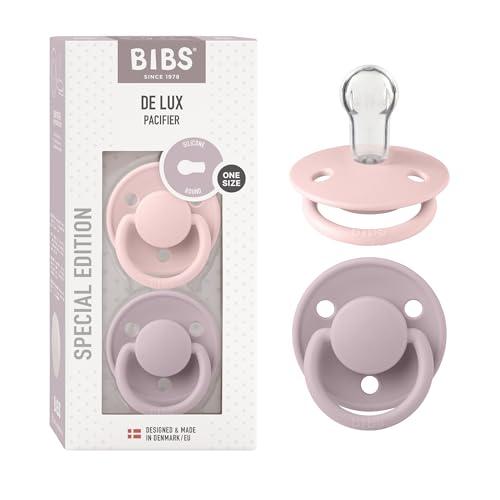 BIBS De Lux Ciuccio confezione da 2 pezzi. Privo di BPA, Tettarella tonda. Silicone, Prodotto in Danimarca. Misura unica (0-36 mesi), Blossom/Dusky Lilac