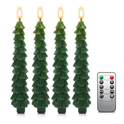 Roadtime Candele per albero di Natale con telecomando e timer, 4 candele a LED di cera tremolante, alimentate a batteria con stoppino 3D, candele verdi per la decorazione del camino e della casa