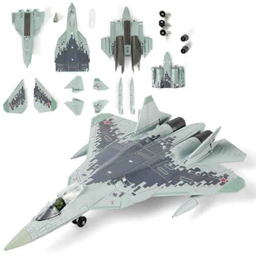 SEBUNAS Kit modello di aereo da caccia SU-57 in scala 1:72 militare in plastica, modello di aereo da assemblaggio rapido con supporto regalo (31 pezzi)