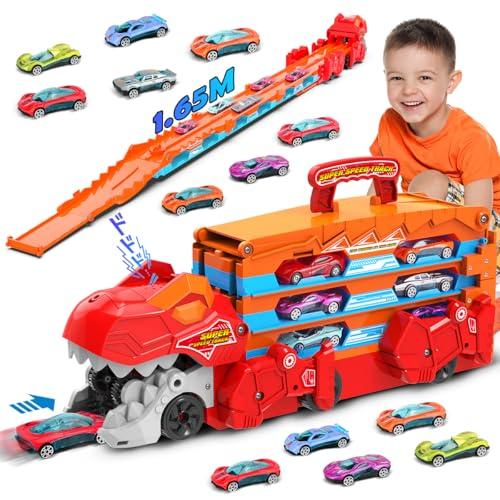 VATOS Giocattolo per auto a forma di dinosauro – 2 in 1 espulsione pieghevole portatile traccia auto giocattolo con 8 auto da corsa, vettori, set di giocattoli per bambini e ragazzi da 3 a 5 anni
