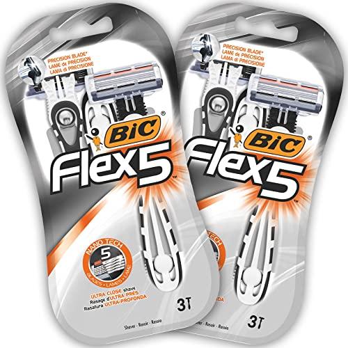 BIC Flex 5 Rasoi Usa e Getta da Uomo, Confezione da 2 Pacchi da 3 Pezzi, 5 Lame Mobili, Testina Snodabile, Rasatura Ultra Precisa