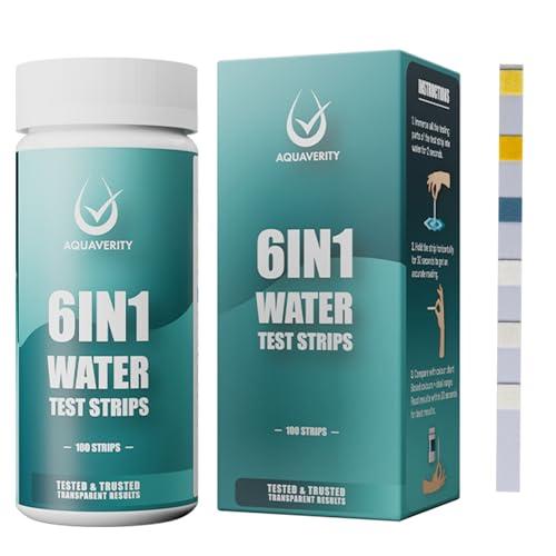 AQUAVERITY Test Acqua Acquario Strisce, 100 strisce reattive per acquari marini e tropicali per testare carbonati, pH, durezza, cloro libero, nitrati, nitriti, kit accurato 6 in 1 per test