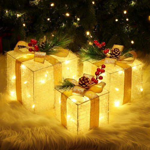 Quntis Luci Scatola Regalo Decorazione di Natale, 60 LED Pacchi Regalo Luminosi Natale, Set di 3 Pacco Regalo Luminoso Natale, Scatole Luminosi Albero di Natale per Interni/Esterni/Home Showcase