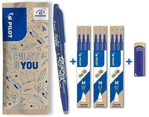 PILOT - Set di 1 FriXion Ball 07 + 3 set di 3 Ricariche + 1 gomma - Penna Cancellabile con Inchiostro Termosensibile - Penna roller Ricaricabile - Blu - Punta Media