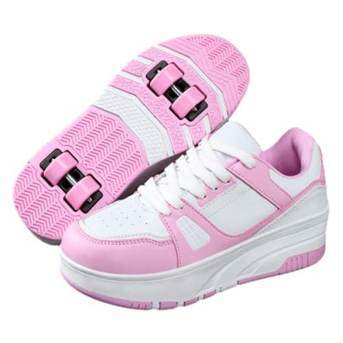 ENEN Scarpe con Rotelle Bambina, Sportive Scarpe da Skateboard 4 Ruote Skateboard Sneakers Outdoor Multisport Scarpe da Ginnastica da Pattini per Ragazze e Ragazzi Bianco Rosa