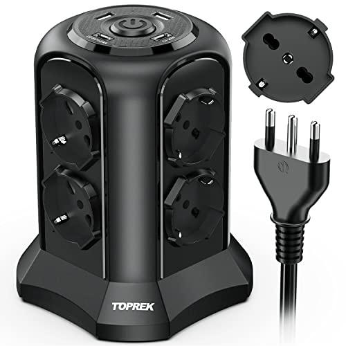 TOPREK Multipresa Verticale con 8 Prese Universali ITA 10/16A e Schuko e 2 USB C e 2 USB A(USB-C1 20W PD3.0 Ricarica Rapida), 4000W/16A, Ciabatta Multipresa con Interruttore, 2M Cavo, Spina 16A, Nero