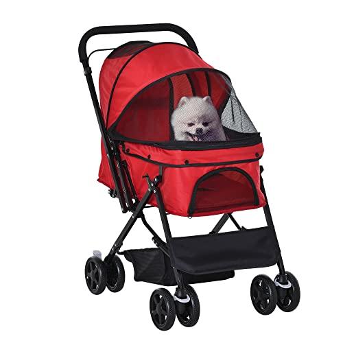 PawHut Passeggino per Cani Piccoli Pieghevole con Maniglione Girevole Ruote con Freni in EVA, Passeggino Cane con Cestino Portaoggetti, 76.5x52x95cm, Rosso