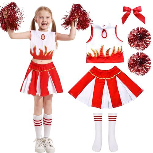 MAXHJX Costume da Cheerleader Bambina Uniforme: Vestiti Carnevale Bambina Costume Cheerleader Ragazza con Pompon Calzini e Fermagli Capelli per Scuola Festa Cosplay