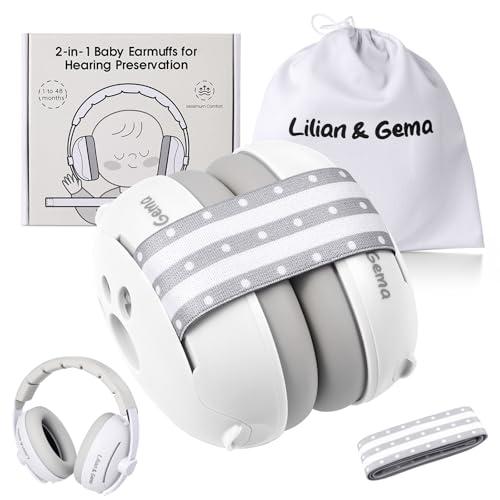 Lilian&Gema 2 in 1 Cuffie Neonato Antirumore -25dB,Protettori acustici per neonati, archetto regolabile, antiscivolo e antistress, protezione acustica ideale per neonati fino a 48 mesi