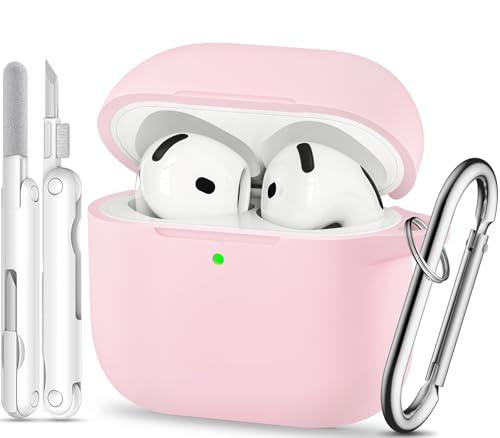 TNSNK for AirPods 4 Case, Silicone Shockproof Protection Case with Clean Kit & Keychain, Support Wireless Charging - Pink