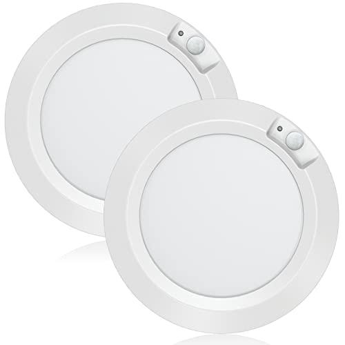 Awanber Plafoniera Led a Batteria con Sensore di Movimento, 210LM Lampada da Soffitta Batteria Luce Senza Fili Armadio con Sensore per Dispensa Scale Bagno Corridoio - 6000K Bianco Freddo [2 Pezzi]