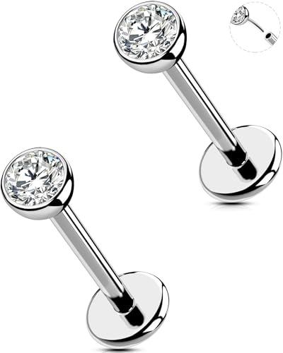 OUFER 2PCS 18G Piercing Naso Threadless Anello Naso Orecchini Conch Acciaio Chirurgico 316L Trasparenti 3 mm CZ Tragus Ring Per Le Donna 6 mm Lip Stud