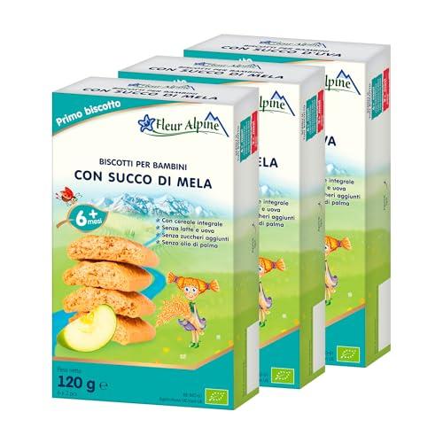 FLEUR ALPINE Biscotti Baby con Succo di Mela, 3x120g I Snack Alimento Completo per Bambini dai 6 Mesi in Su I Snack Fette Biscottate Integrali senza Zuccheri Aggiunti I 18x2 Biscotti