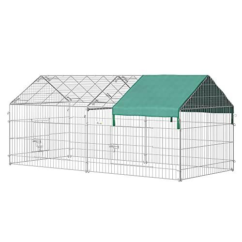 PawHut Recinto per Animali con Telo di Copertura, Recinzione in Acciaio con Porte per Galline e Conigli, 220x103x103cm